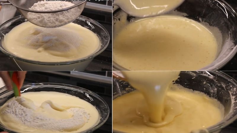 Cho bột vào và đánh đều, sau đó cho 200ml hỗn hợp bột và trứng đã đánh đều vào hỗn hợp bơ sữa sau đó đổ ngược lại
