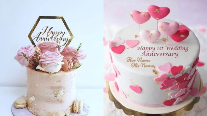 Bánh kem kỷ niệm ngày cưới tone hồng trắng